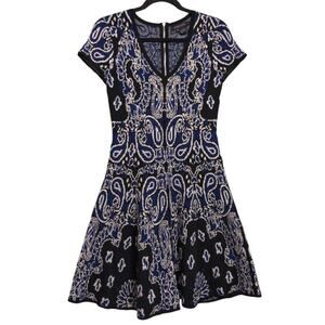 Etcetera Womens Fit & Flare Dress Blue Paisley Piped V Neck Cap Sleeve Zip XS